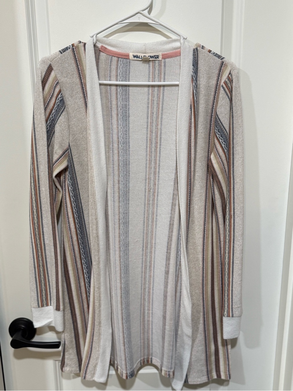 Wallflower Striped Open-Front Cardigan in Cream, Brown, and Gray